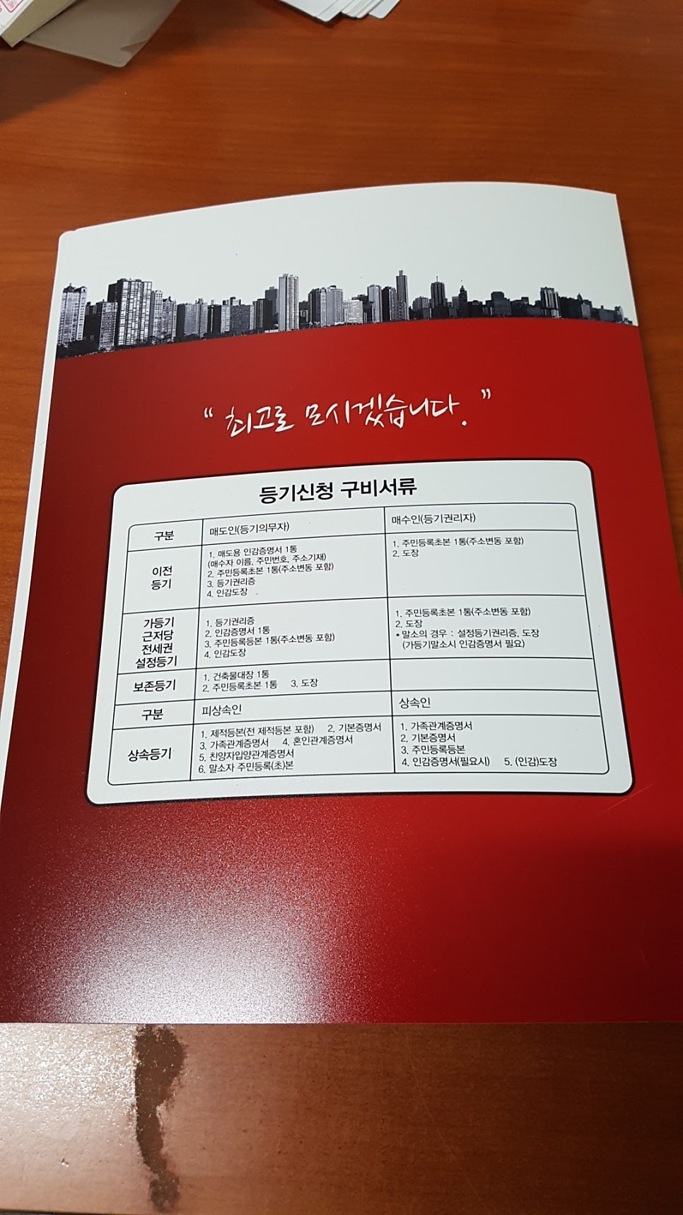 등기신청 구비서류표를 넣은 계약서파일 뒤표지